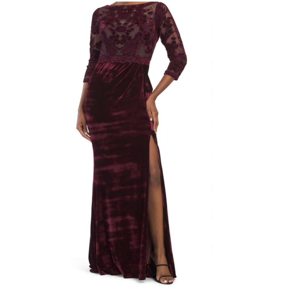 Marchesa Notte Burgundy Velvet Lace-Bodice 3/4-Sleeve Full Length Gown Size 8